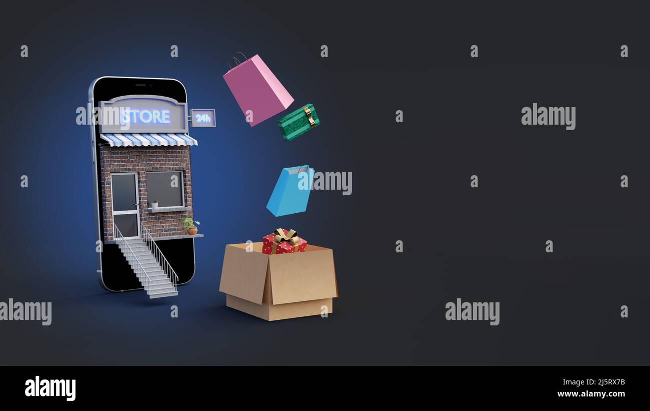 Jeu d'icônes isométriques d'achat en ligne. boutique en ligne 3d avec boîtes cadeaux et sacs à provisions. Concept de l'achat en ligne. 3d rendu. Banque D'Images