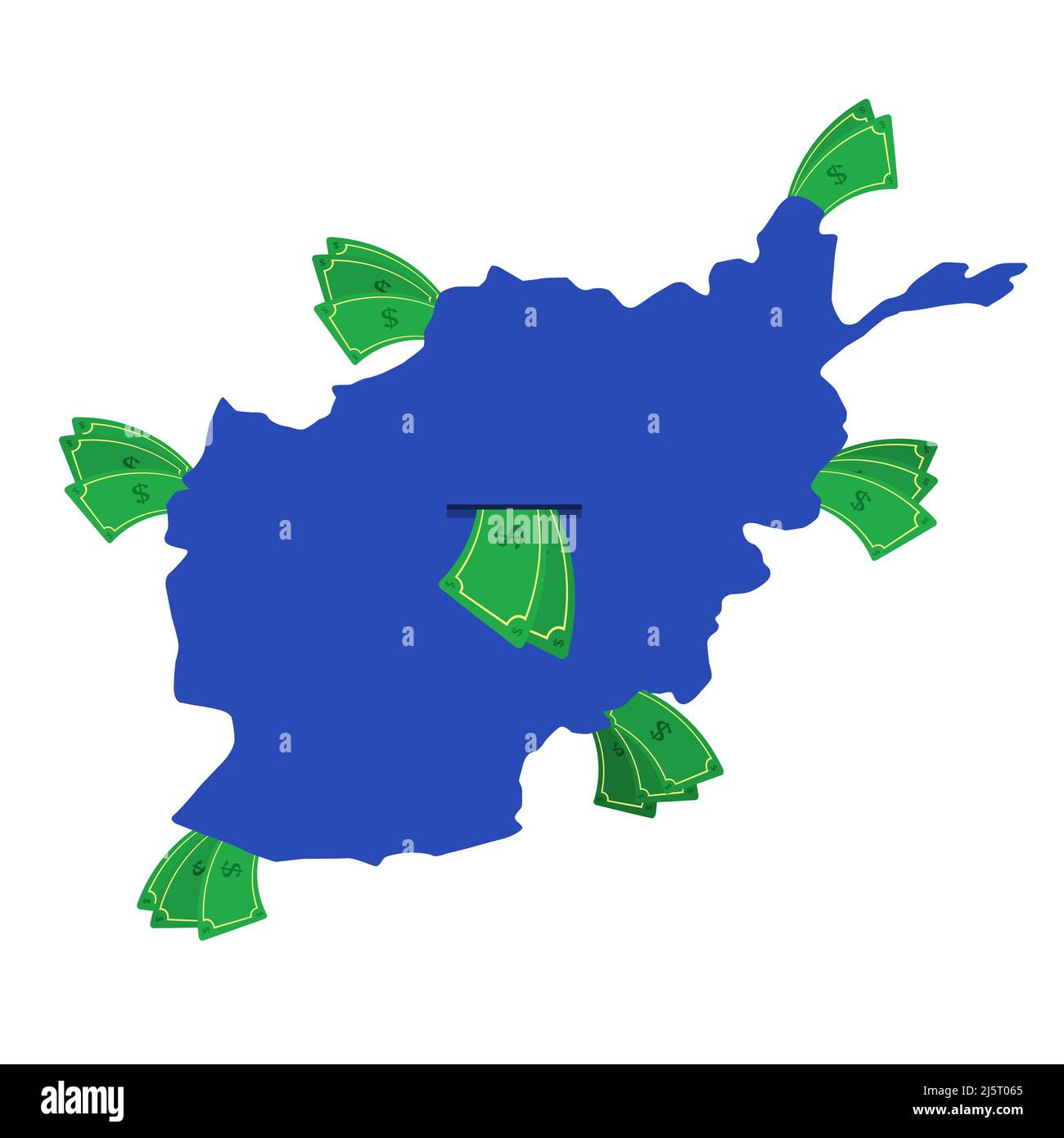 Carte de l'Afghanistan en bleu avec des factures d'argent. Argent quittant le centre du pays. Économie du pays afghan. Arrière-plan blanc. Isolé. Illustration de Vecteur