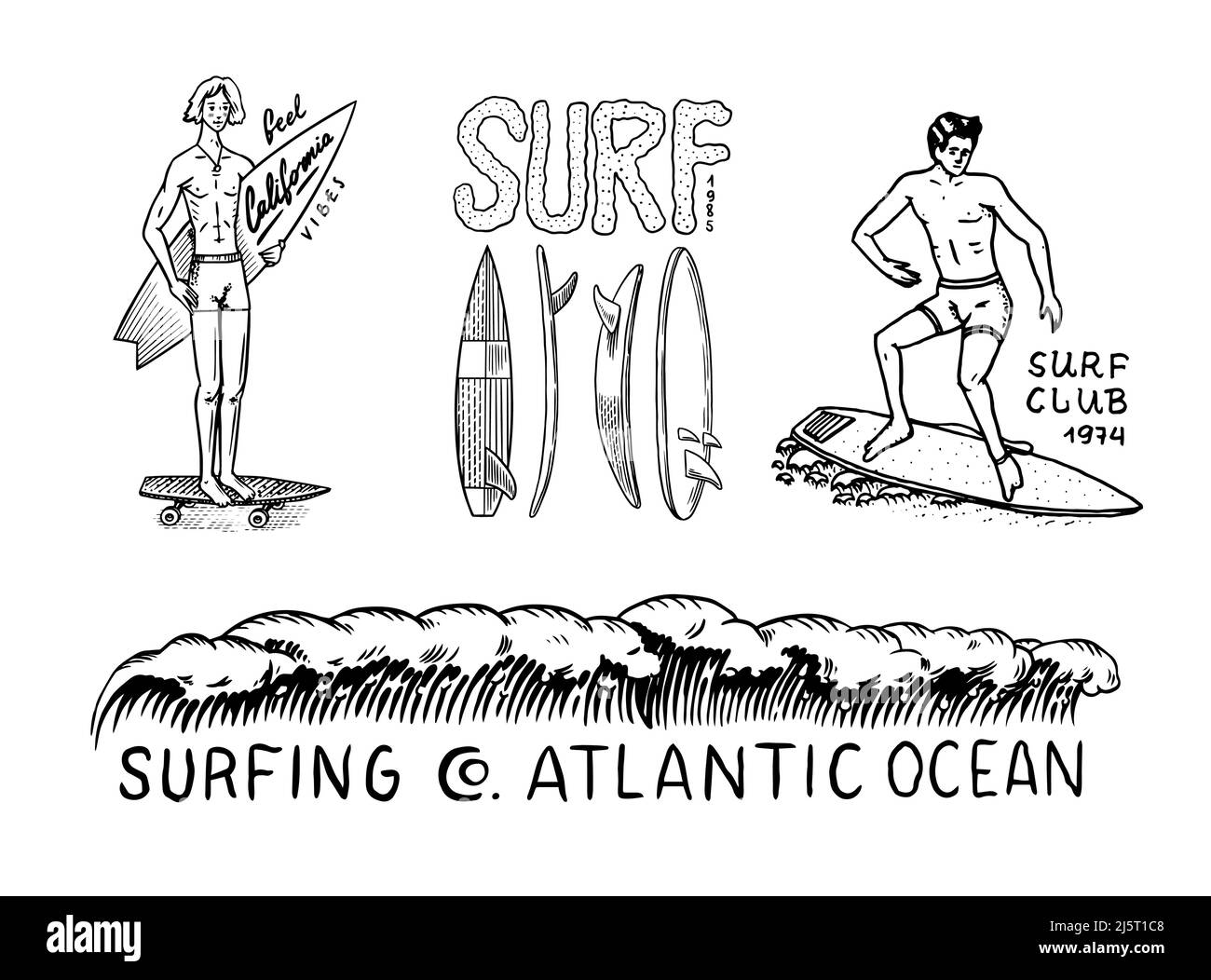 Badge surf. Wave rétro et paume. Jeu de épingles de Californie d'été. Homme sur la planche de surf, la plage et la mer. Emblème ou logo gravé à la main. Bannière vintage Illustration de Vecteur