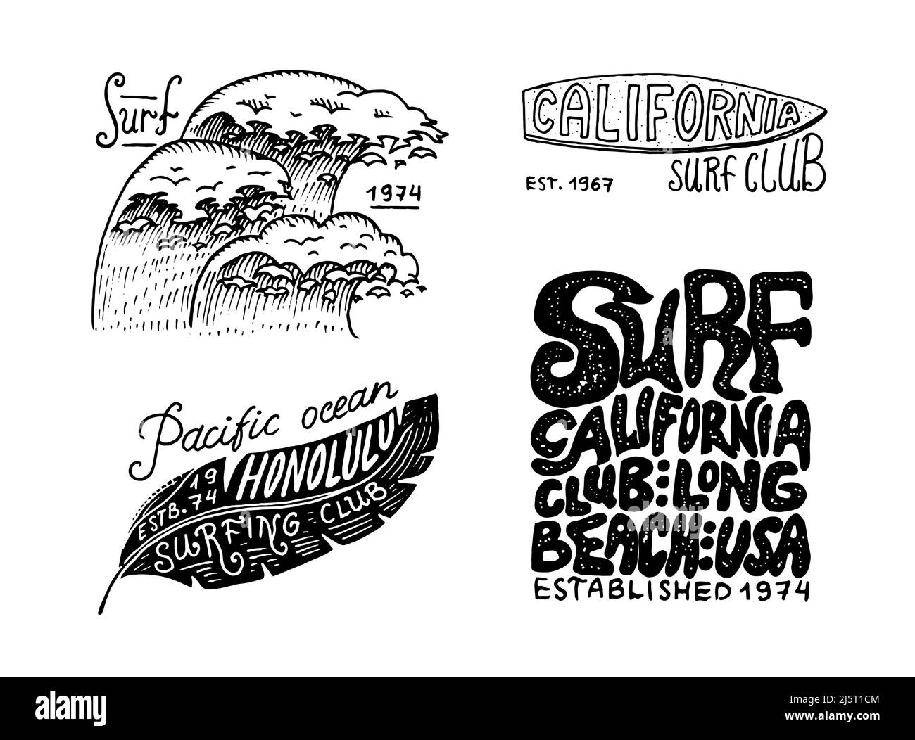 Badge surf. Wave rétro et paume. Jeu de épingles de Californie d'été. Homme sur la planche de surf, la plage et la mer. Emblème ou logo gravé à la main. Bannière vintage Illustration de Vecteur
