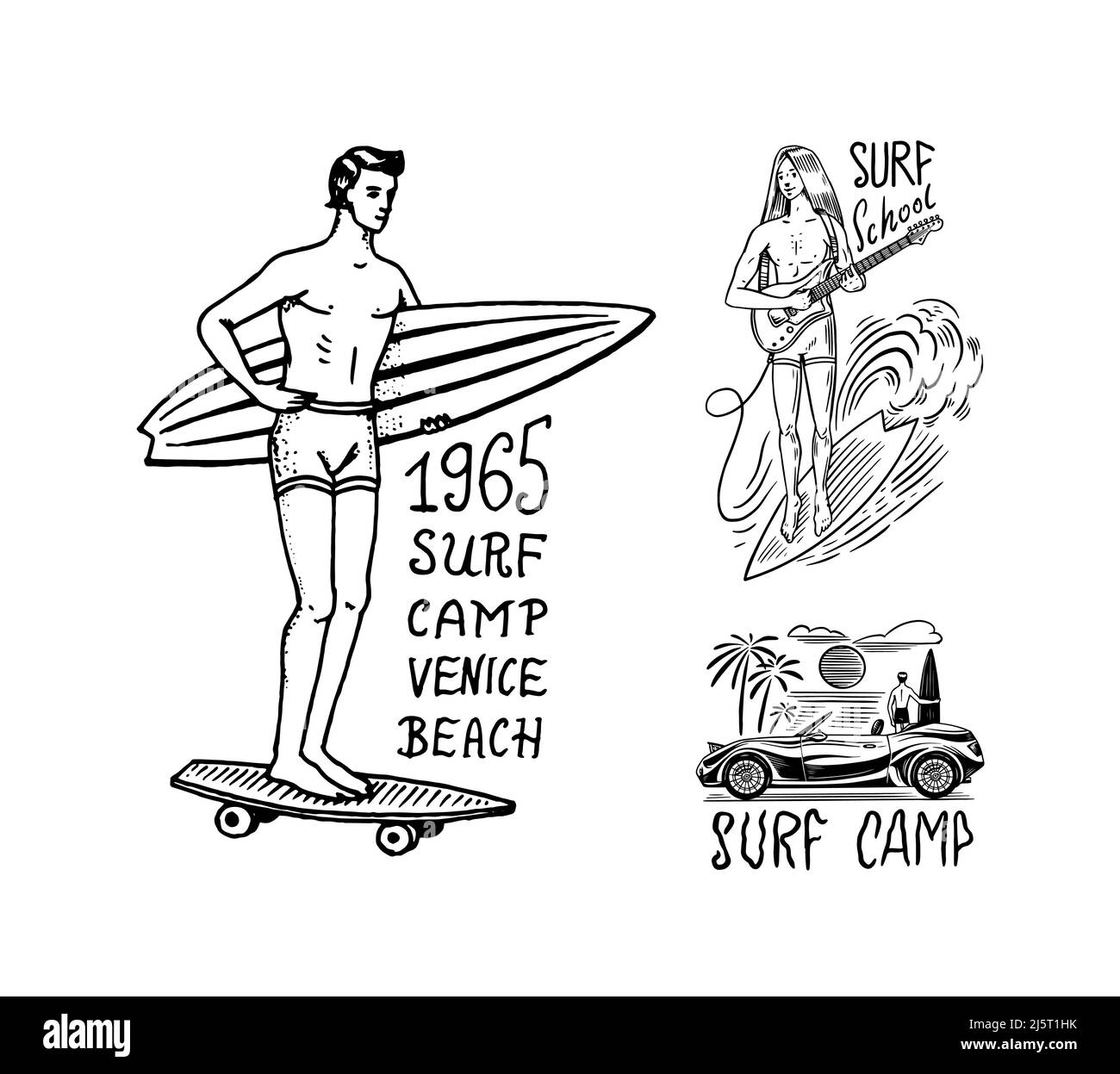 Badge surf. Wave rétro et paume. Jeu de épingles de Californie d'été. Homme sur la planche de surf, la plage et la mer. Emblème ou logo gravé à la main. Bannière vintage Illustration de Vecteur