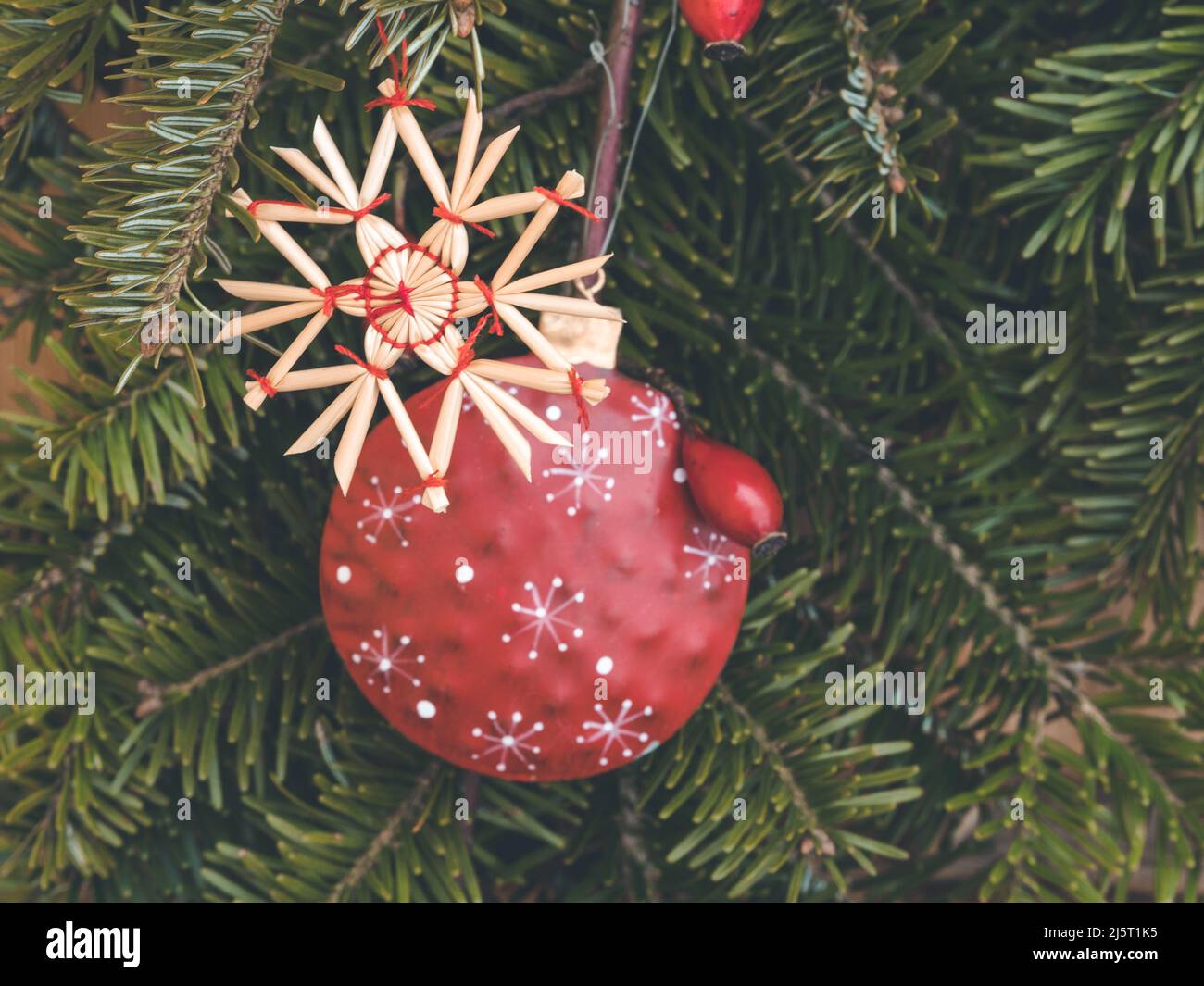 décoration d'un arbre de noël avec une belle étoile de paille et une boule de noël ou ornement et une hanche rose accrochée à une branche Banque D'Images
