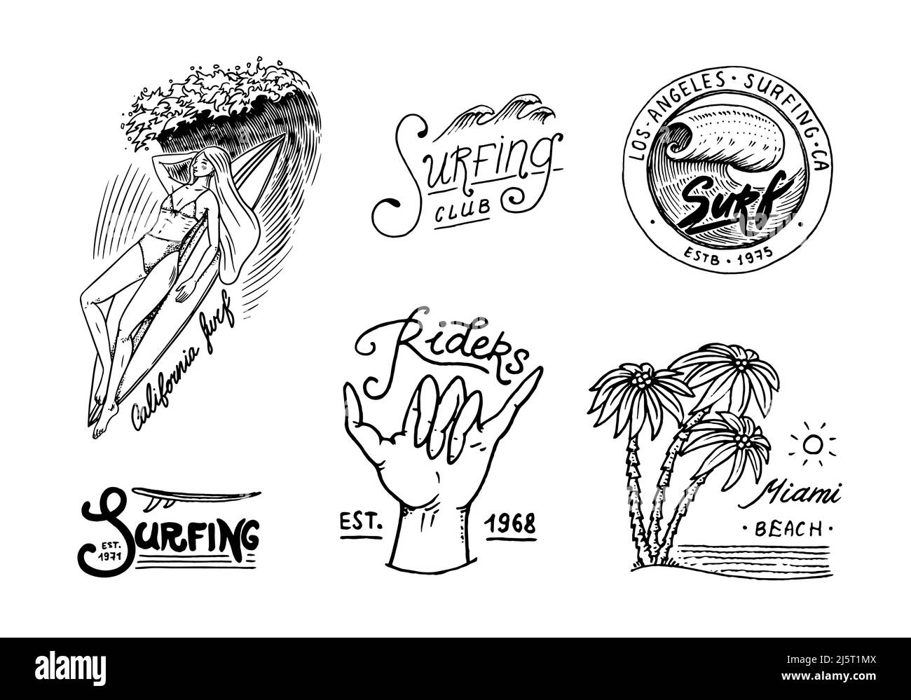 Badge surf. Wave rétro et paume. Jeu de épingles de Californie d'été. Homme sur la planche de surf, la plage et la mer. Emblème ou logo gravé à la main. Bannière vintage Illustration de Vecteur