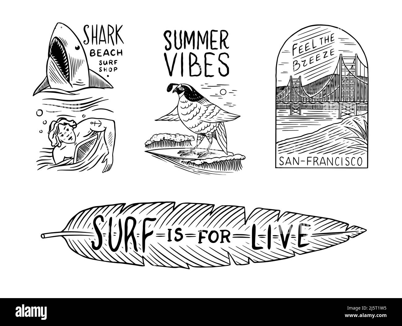 Badge surf. Wave rétro et paume. Jeu de épingles de Californie d'été. Homme sur la planche de surf, la plage et la mer. Emblème ou logo gravé à la main. Bannière vintage Illustration de Vecteur