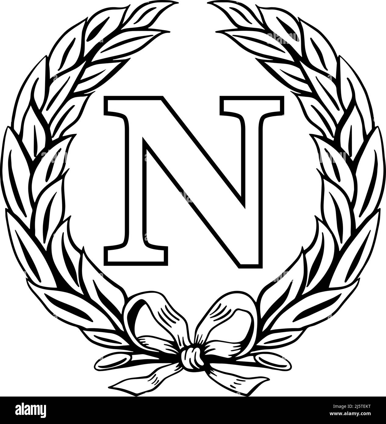 Symbole N de la lettre napoléonienne à l'intérieur d'une couronne de Laurier, illustration vectorielle sur fond blanc Illustration de Vecteur