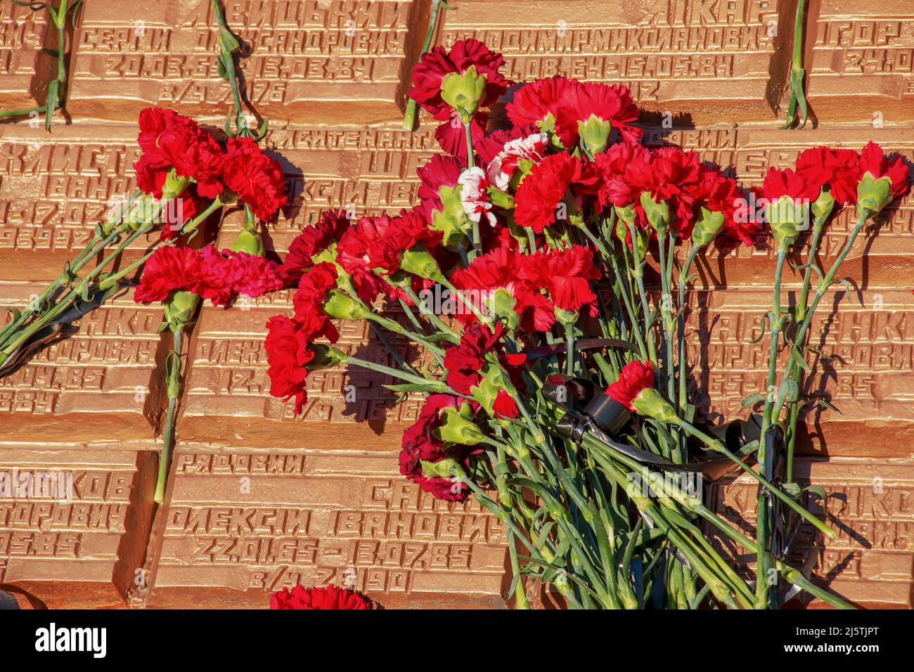 Dnipro, Ukraine - 02.15.2022: Monument aux anciens combattants de la guerre afghane 1979 - 1989 œillets rouges sur la dalle de granit du monument. Banque D'Images