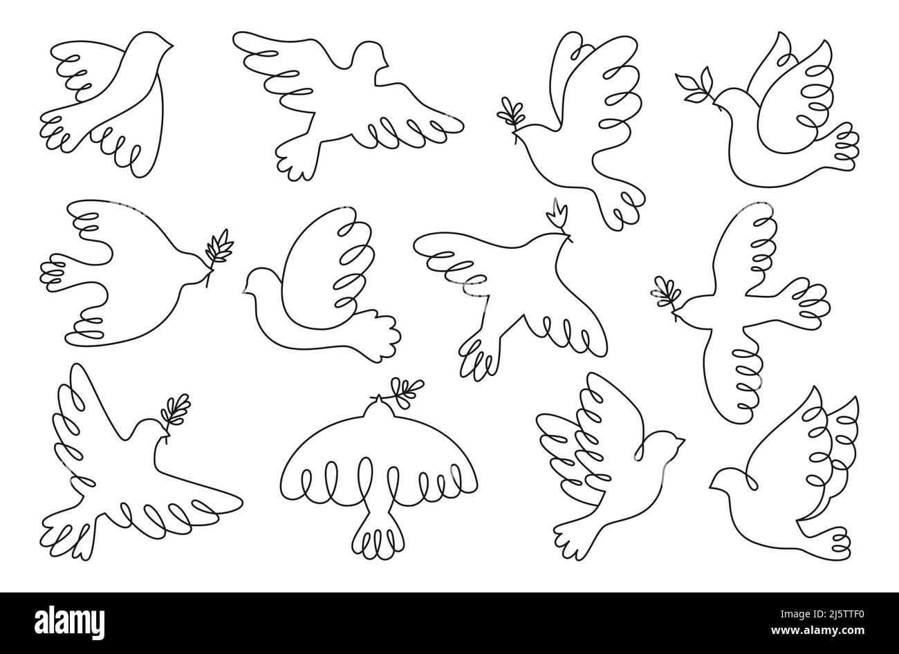 Ensemble de contours de dove de symbole de paix. Oiseau volant colombe avec signe de la branche d'olivier, paix et amour icône de pigeon. Liberté, humanité emblème paix et pas de concept de guerre. Éléments de conception de logo isolés Illustration de Vecteur