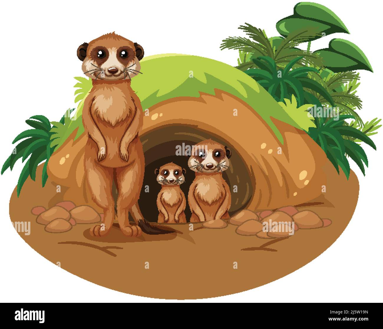Groupe de meerkats dans le terrow dans l'illustration de style de dessin animé Illustration de Vecteur