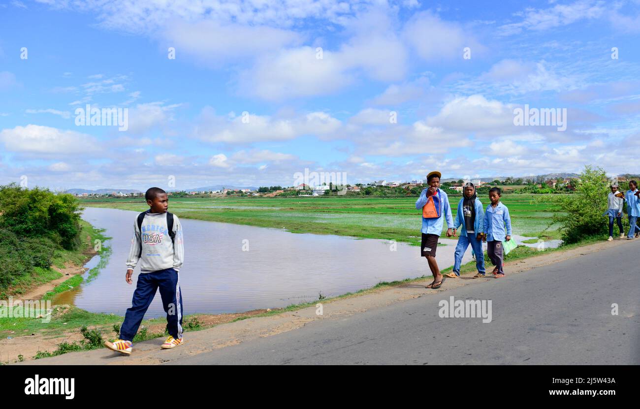 Des écoliers malgaches qui marchent jusqu'à leur domicile. Photo prise dans le quartier d'Ambohimanga près d'Antananarivo, Madagascar. Banque D'Images