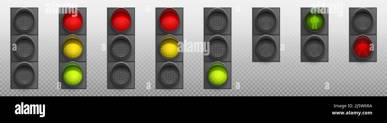 Feux de circulation avec LED rouge, jaune et verte. Sémaphore de route, système de signalisation pour le contrôle de la conduite de sécurité. Vecteur ensemble réaliste de système de régulation de la circulation sur la rue avec passage pour piétons Illustration de Vecteur
