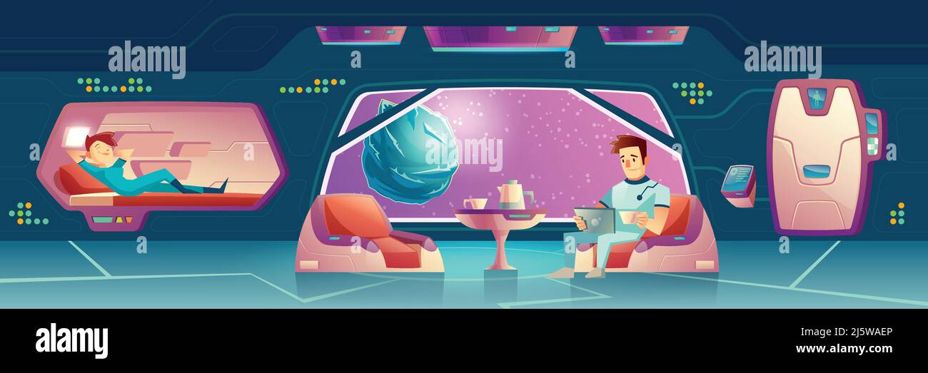 Illustration vectorielle avec une chambre à l'vaisseau spatial avec des astronautes. Les équipiers se détendent, les femmes et les hommes. Touristes ou couple de colons se reposant Illustration de Vecteur Illustration vectorielle avec une chambre à l'vaisseau spatial avec des astronautes. Les équipiers se détendent, les femmes et les hommes. Touristes ou couple de colons se reposant Illustration de Vecteur