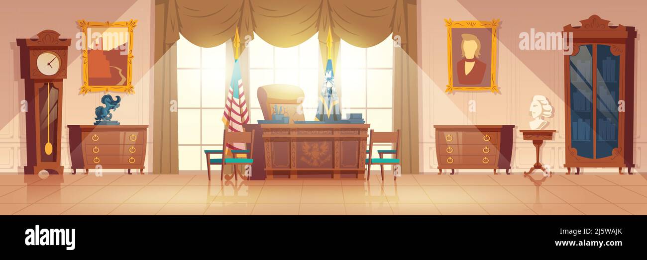 Armoire ovale blanche à motif vectoriel de dessin animé intérieur avec bureau et mobilier d'époque, drapeau national, tableaux sur illustration murale. États-Unis de Illustration de Vecteur Armoire ovale blanche à motif vectoriel de dessin animé intérieur avec bureau et mobilier d'époque, drapeau national, tableaux sur illustration murale. États-Unis de Illustration de Vecteur