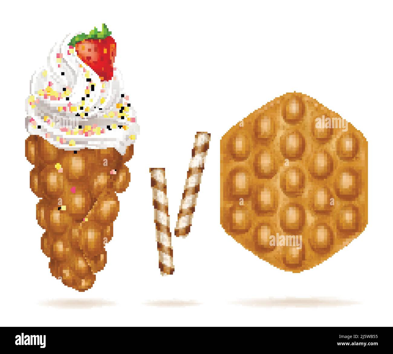 Illustration réaliste vectorielle de l'appétissante gaufres à base d'œufs de Hong Kong avec glace, décorée de fraises fraîches. Dessert sucré belge avec tubule Illustration de Vecteur Illustration réaliste vectorielle de l'appétissante gaufres à base d'œufs de Hong Kong avec glace, décorée de fraises fraîches. Dessert sucré belge avec tubule Illustration de Vecteur