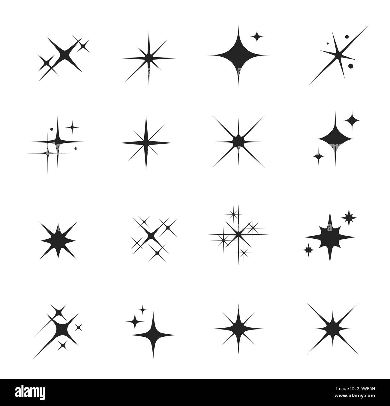Silhouettes étoiles scintillantes et scintillantes, étoiles en rafale et vecteur flash. Des lumières brillantes, des paillettes et des étincelles d'étoiles brillantes avec des rayons lumineux et des effets d'éclat Illustration de Vecteur
