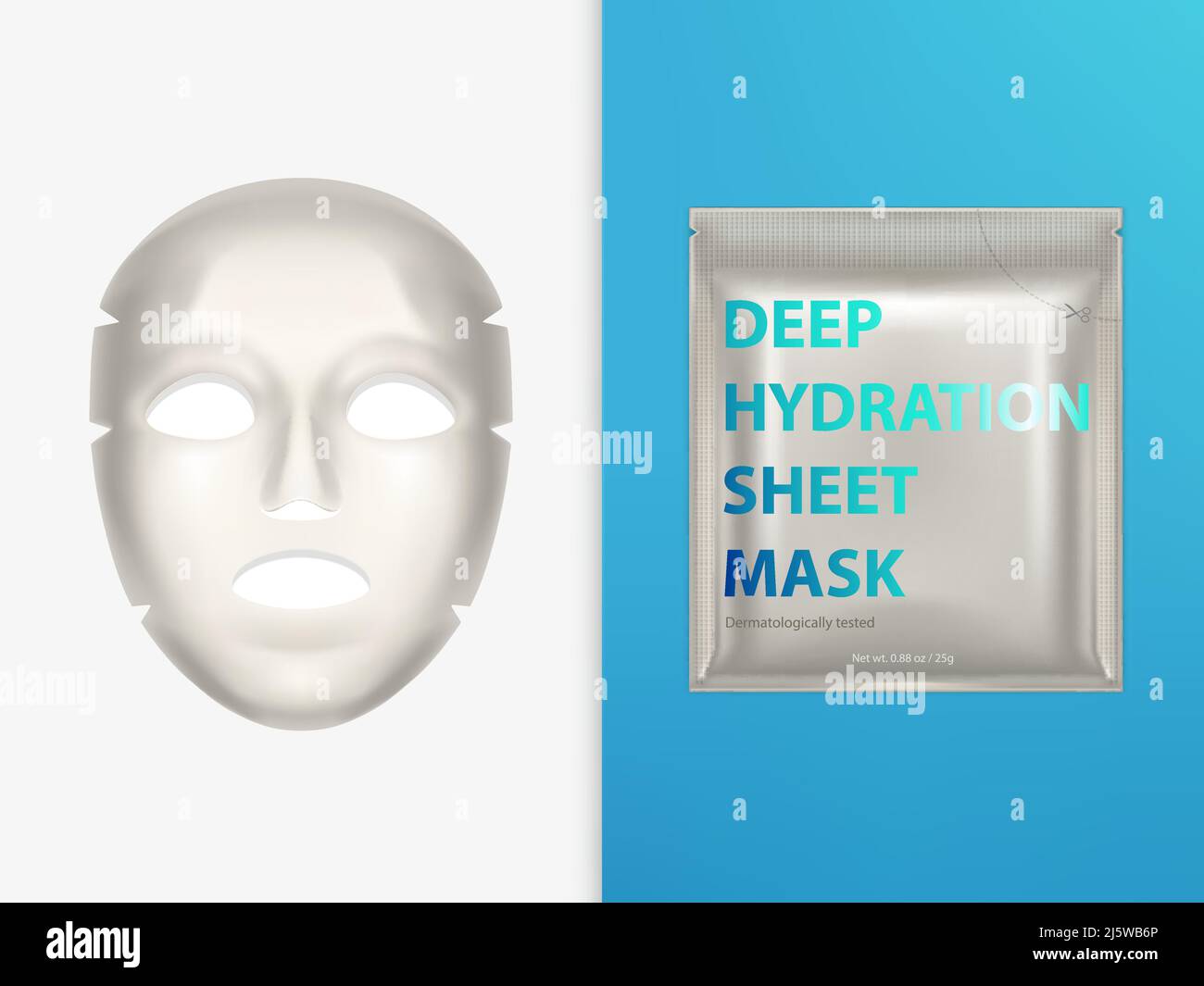 Masque facial en feuille extensible et pochette en plastique étanche 3D vecteur réaliste isolé sur fond. Maquette d'emballage de produits cosmétiques pour le soin de la peau. Hydratation d'un Illustration de Vecteur