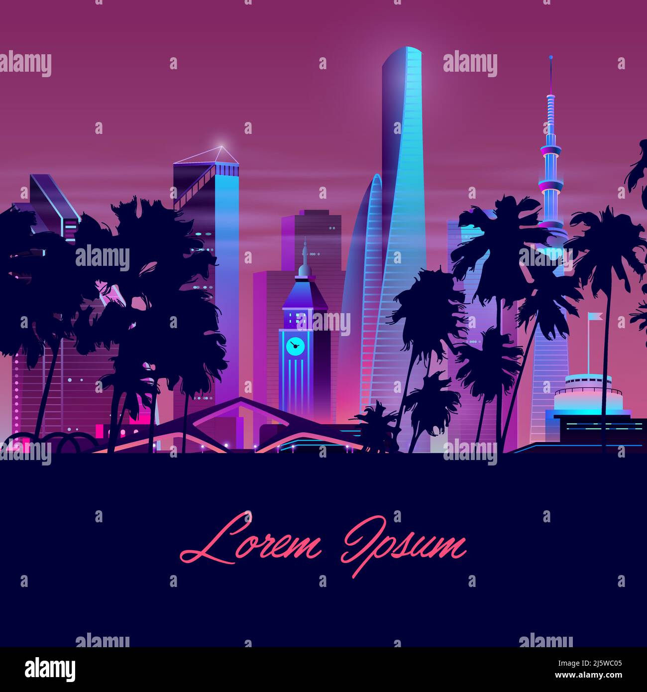 Modèle vectoriel avec paumes sombres et ville de nuit dans des couleurs néon et ultraviolettes. Tour lumineuse avec horloge, grand bâtiment de plusieurs étages, nouvelle architecture arrière Illustration de Vecteur Modèle vectoriel avec paumes sombres et ville de nuit dans des couleurs néon et ultraviolettes. Tour lumineuse avec horloge, grand bâtiment de plusieurs étages, nouvelle architecture arrière Illustration de Vecteur
