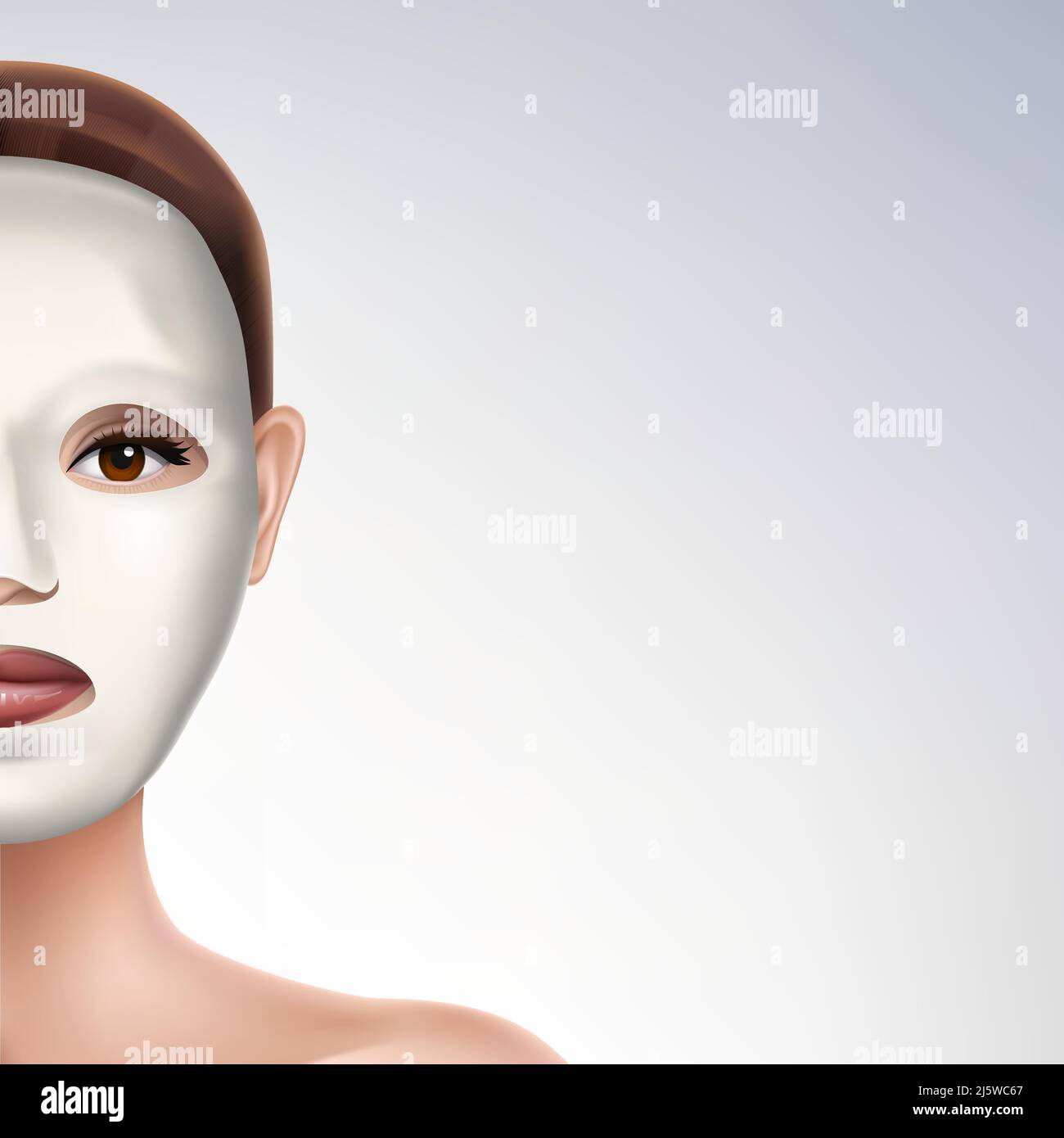 Feuille extensible masque de visage 3D vecteur réaliste publicité modèle de bannière avec copyspace. Dessin de serviette hydratante avec sérum sur le visage des femmes. BT Illustration de Vecteur