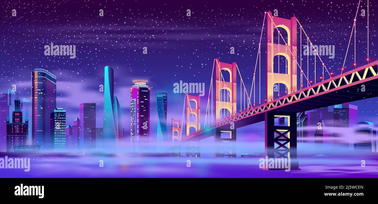 Vecteur grand pont articulé et brume sur l'eau. Mégapole moderne sur la rivière, brouillard. Architecture de nuit avec bâtiments lumineux dans un style de dessin animé. Illustration de Vecteur Vecteur grand pont articulé et brume sur l'eau. Mégapole moderne sur la rivière, brouillard. Architecture de nuit avec bâtiments lumineux dans un style de dessin animé. Illustration de Vecteur