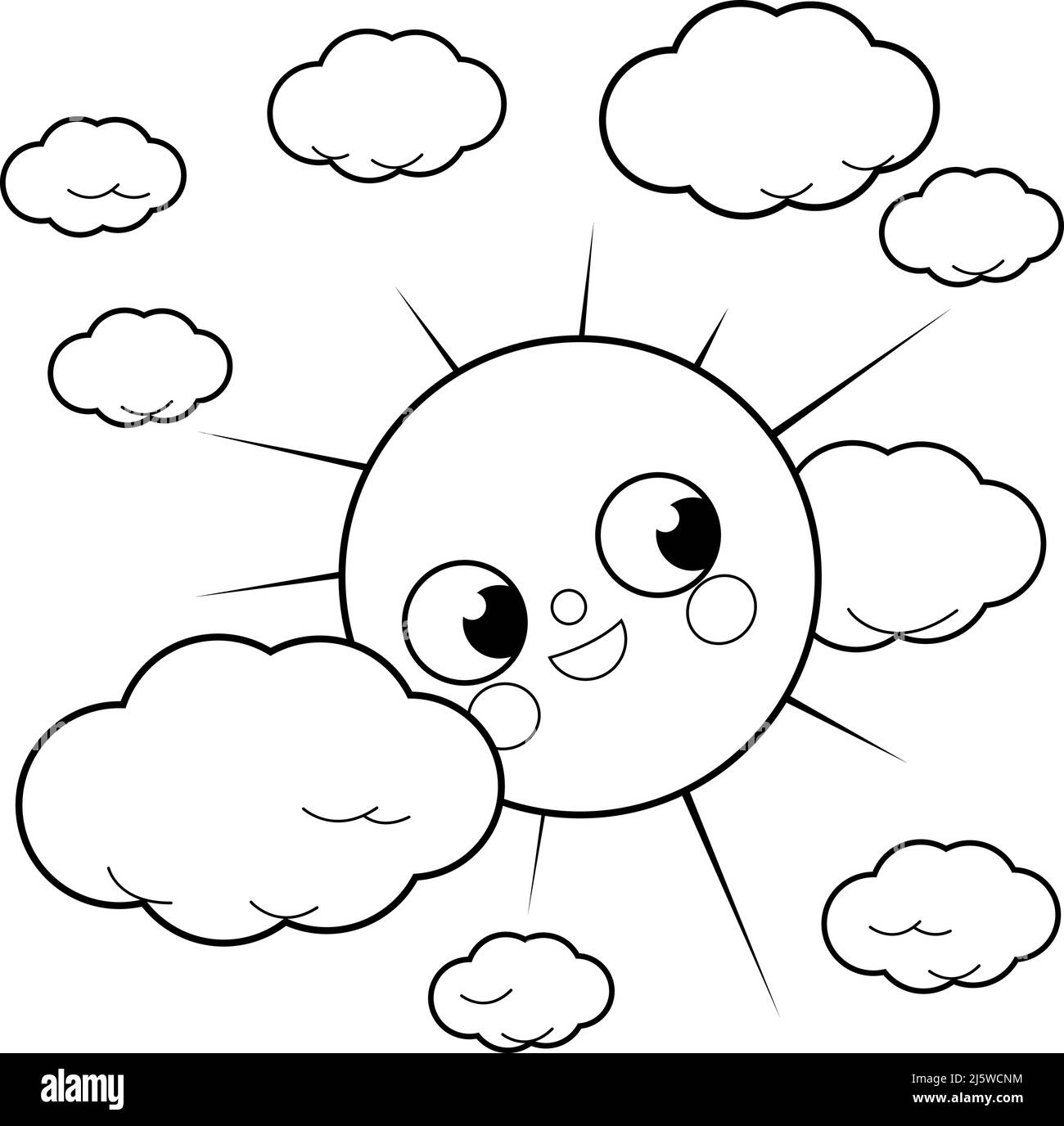 Soleil mignon et nuages dans le ciel. Page de couleur noire et blanche vectorielle Illustration de Vecteur