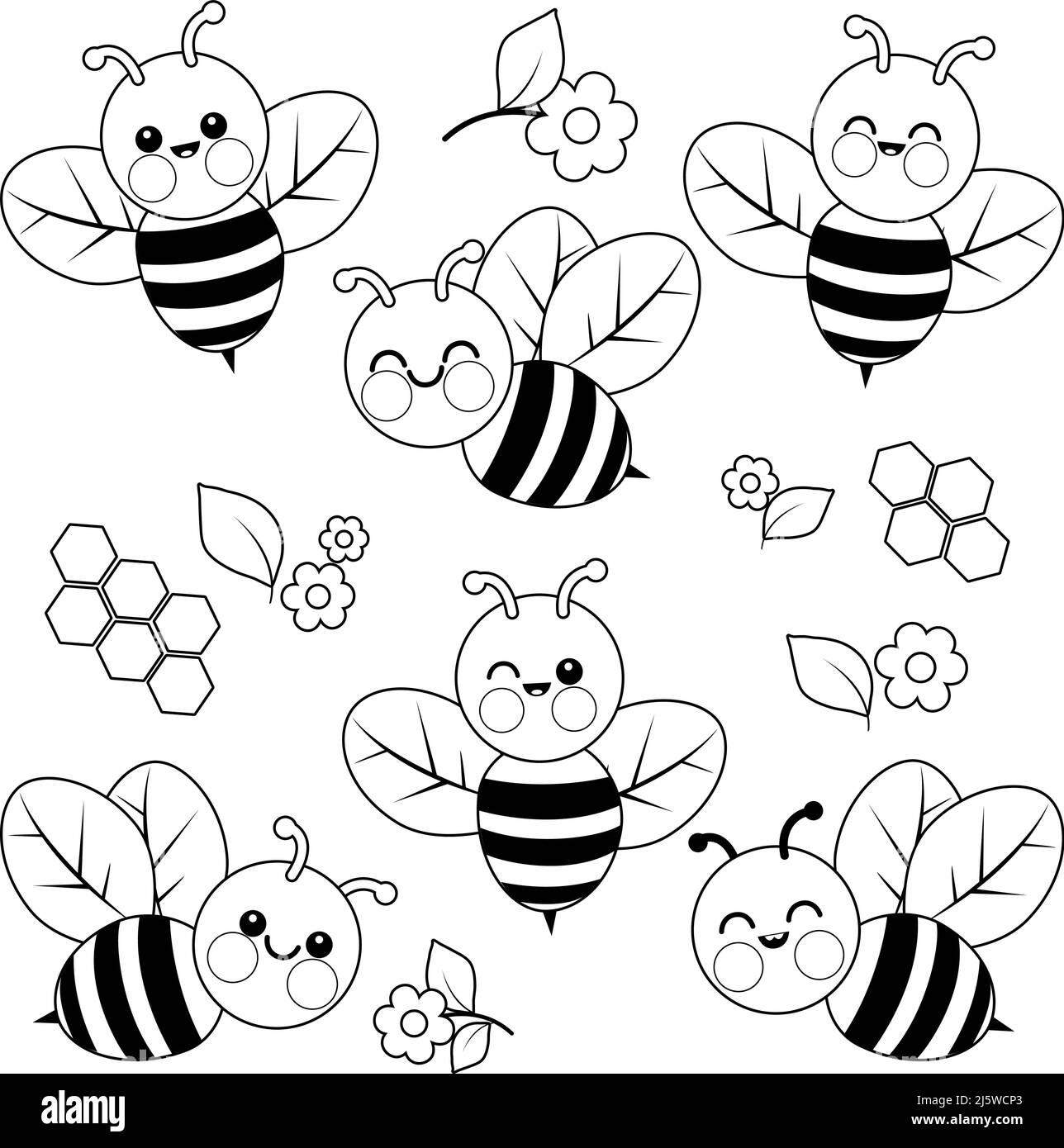 Collection abeilles mignonnes. Page de couleur noire et blanche vectorielle Illustration de Vecteur
