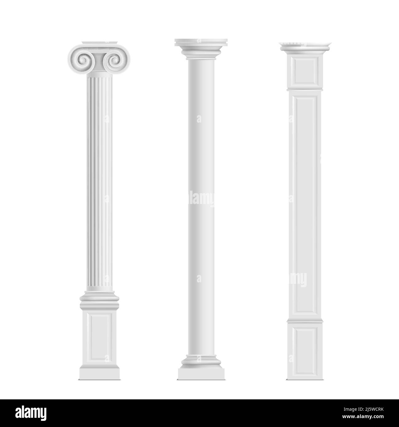 Antique cylindrique doric, Ionic ordres et moderne cubique colonnes de pierre de marbre 3D réaliste vecteur isolé sur fond blanc. Architecture ancienne Illustration de Vecteur
