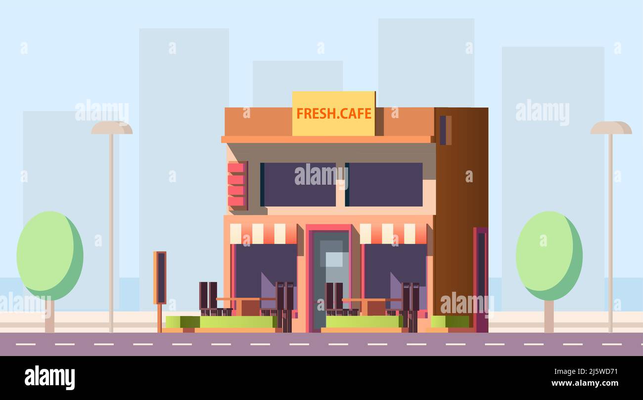 Road café, cafétéria de la ville, café ou restauration rapide restaurant de rue bâtiment de deux étages avec sièges extérieurs et mansarde plat vecteur. Petit bus local Illustration de Vecteur