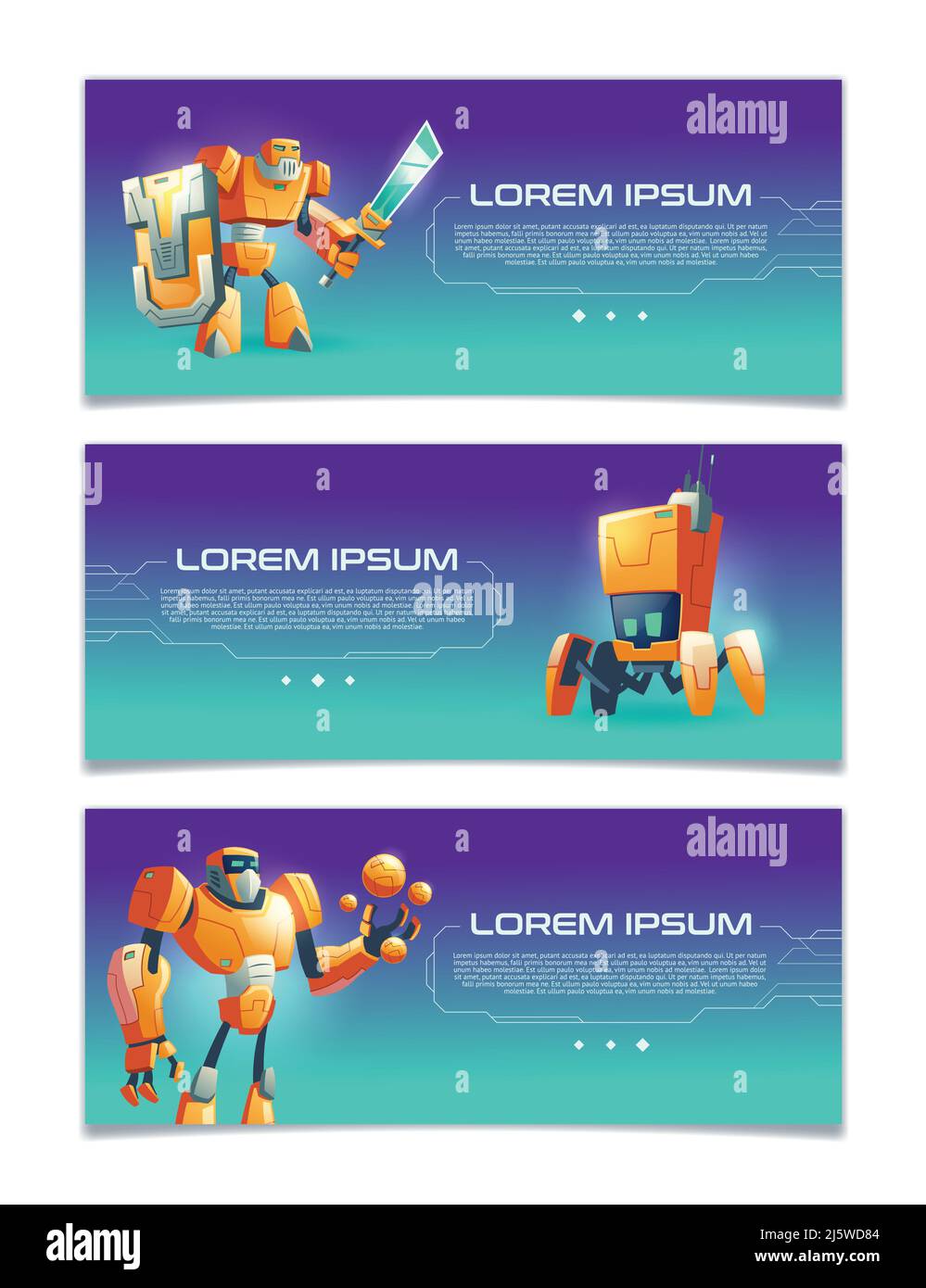 Service en ligne de l'intelligence artificielle, robotique technologies de démarrage, portail de jeu d'ordinateur caricaturage bannières web vecteur ensemble avec divers design humanoi Illustration de Vecteur