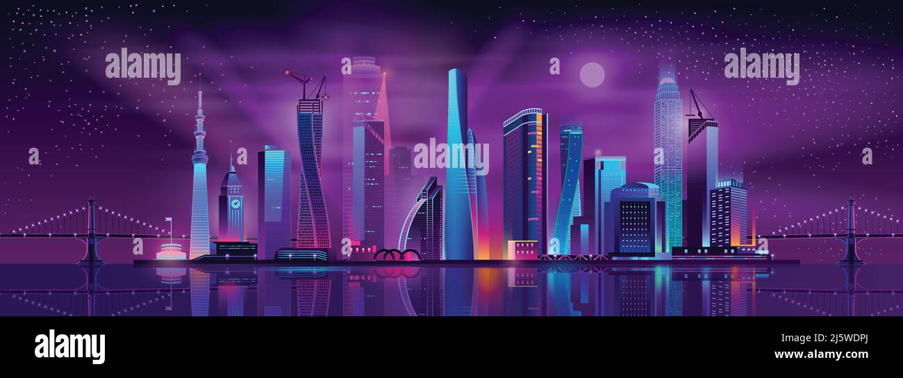 Métropole en pleine croissance, développement urbain couleurs néon, concept de vecteur de dessin animé. Paysage urbain de nuit avec architecture urbaine futuriste et grues sur le nouveau Skystra Illustration de Vecteur Métropole en pleine croissance, développement urbain couleurs néon, concept de vecteur de dessin animé. Paysage urbain de nuit avec architecture urbaine futuriste et grues sur le nouveau Skystra Illustration de Vecteur