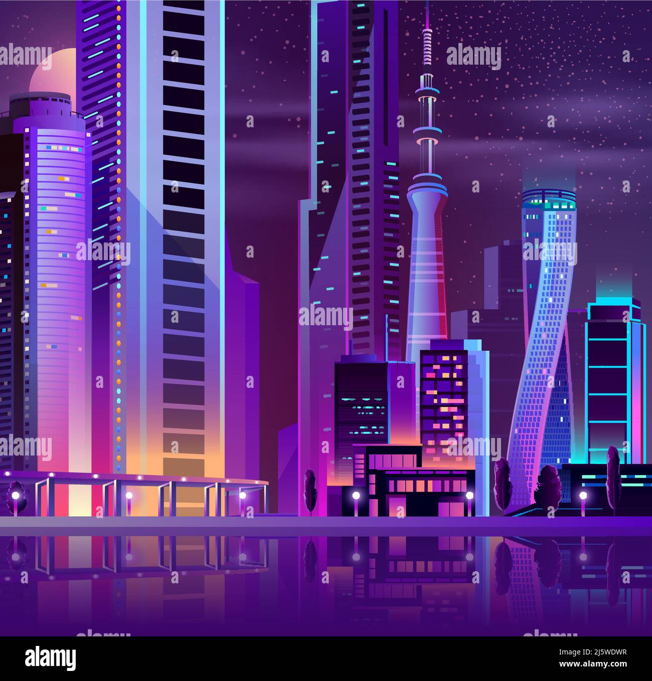 Ville de nuit métropole de bord de mer vecteur avec gratte-ciel futuriste bâtiment illuminé avec lumière de couleur néon sur la rivière ou le bord de mer illustr Illustration de Vecteur