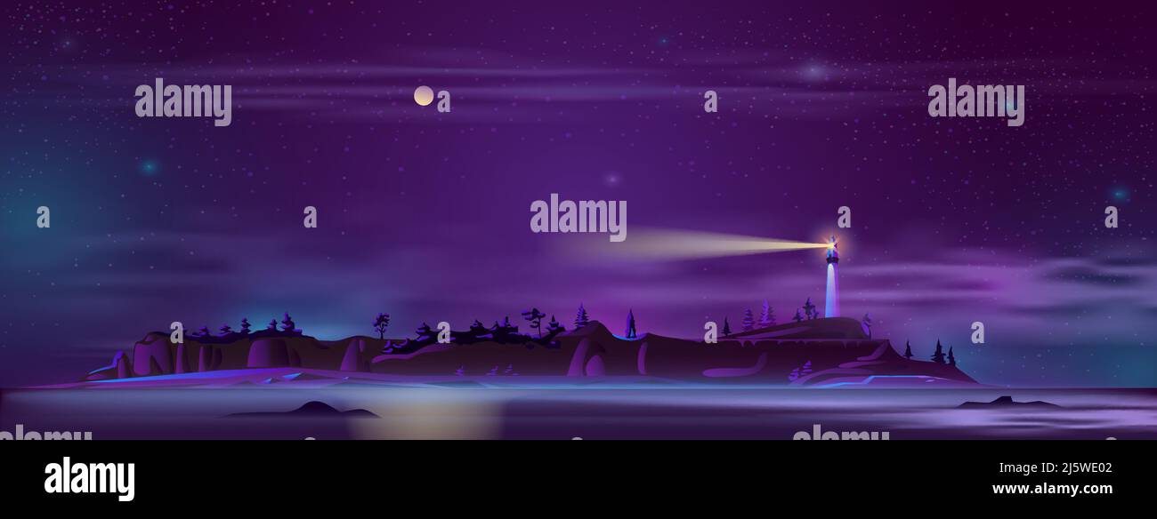 Fond vectoriel avec phare la nuit - bâtiment sur la colline avec projecteur, rive éclairée, paysage. Tour pour la navigation dans l'ultraviolet Illustration de Vecteur Fond vectoriel avec phare la nuit - bâtiment sur la colline avec projecteur, rive éclairée, paysage. Tour pour la navigation dans l'ultraviolet Illustration de Vecteur