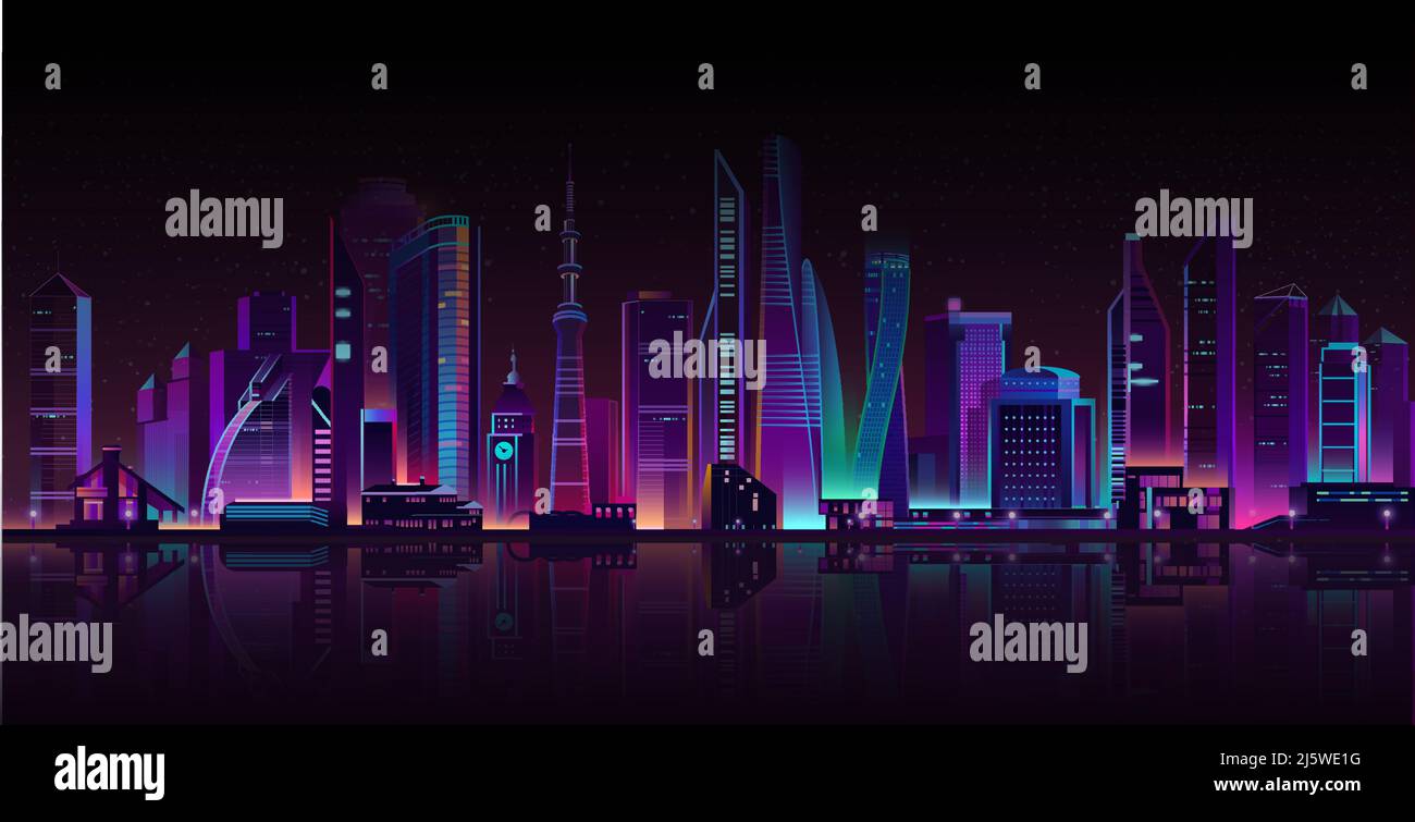 Vecteur mégalopole moderne sur une rivière la nuit. Gratte-ciel lumineux avec reflets sur l'eau, style dessin animé. Bâtiments urbains aux couleurs fluo, ville Illustration de Vecteur Vecteur mégalopole moderne sur une rivière la nuit. Gratte-ciel lumineux avec reflets sur l'eau, style dessin animé. Bâtiments urbains aux couleurs fluo, ville Illustration de Vecteur