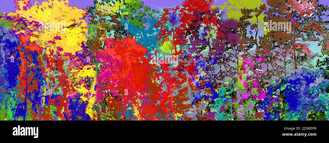 Illustration numérique peinture texture colorée de gros arbre dans la forêt profonde avec fond bleu ciel. Paysage abstrait texture peint technique Banque D'Images