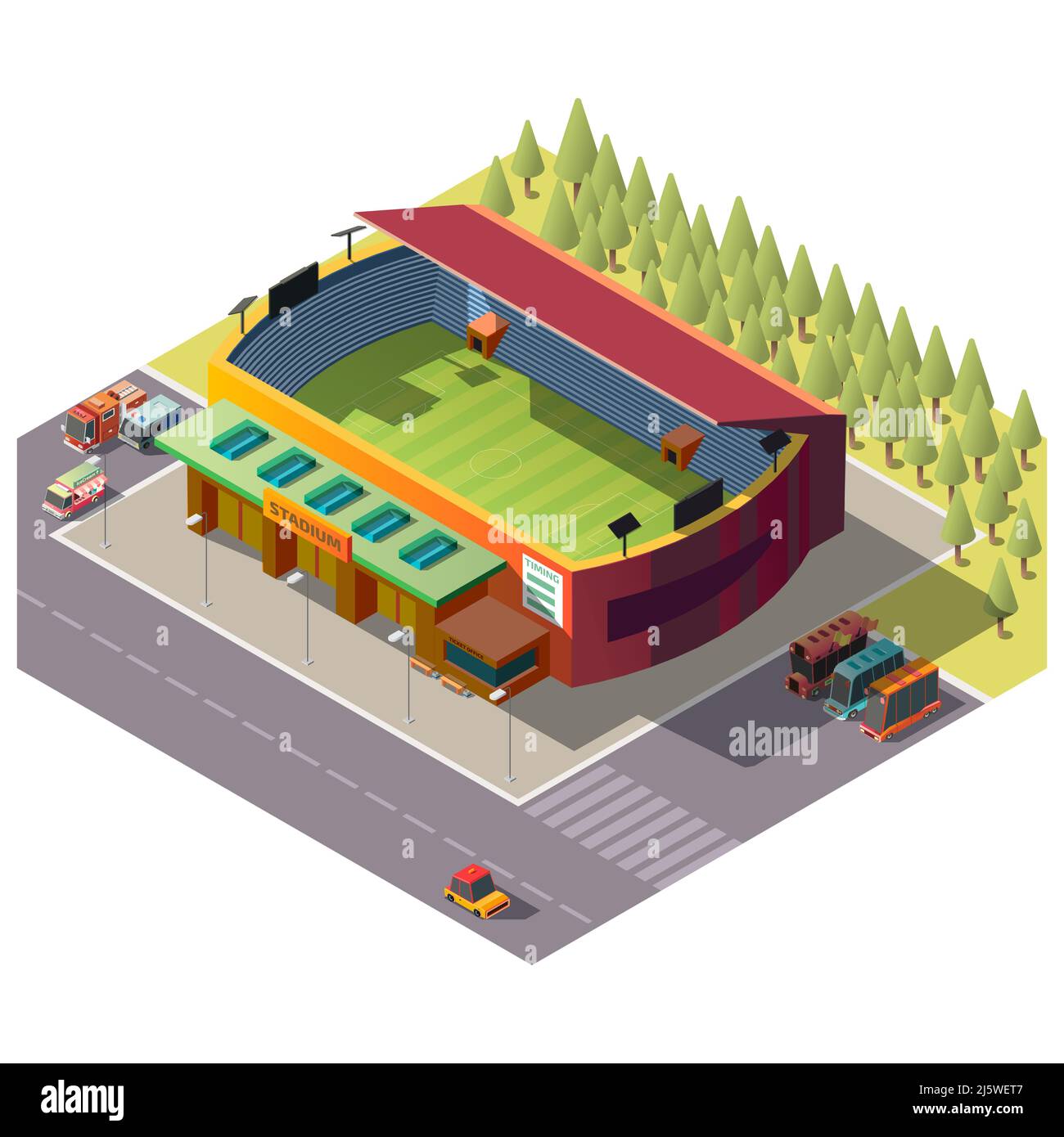 Stade de football bâtiment à toit ouvert avec services d'urgence véhicules et ventilateurs bus sur stationnement isométrique vecteur isolé sur fond blanc. Sport urbain Illustration de Vecteur