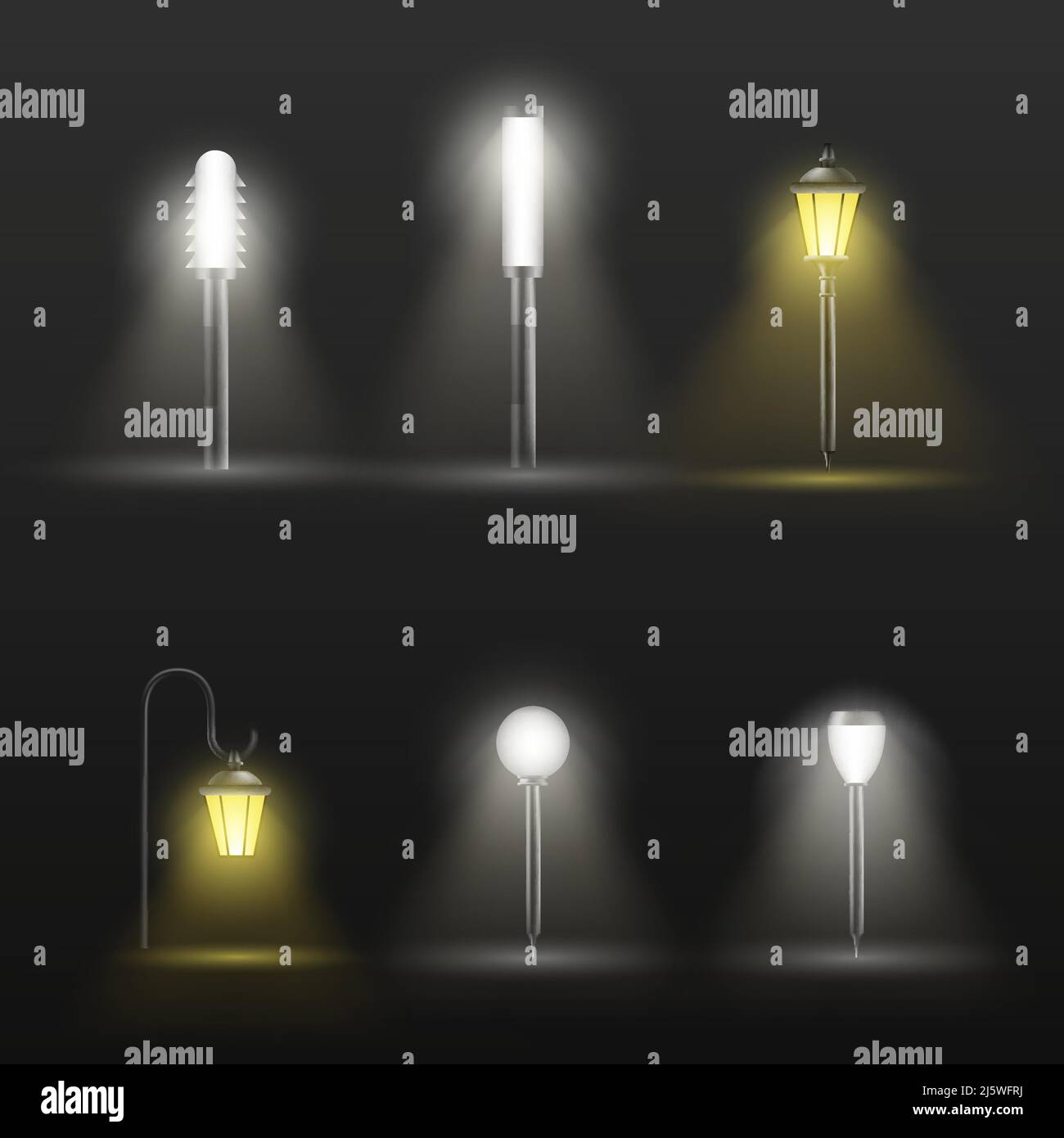 Lampe d'extérieur de chemin, de passerelle au design moderne et classique sur un pied court illuminant dans l'obscurité avec spot lumineux au sol 3D vecteur réaliste ensemble isol Illustration de Vecteur