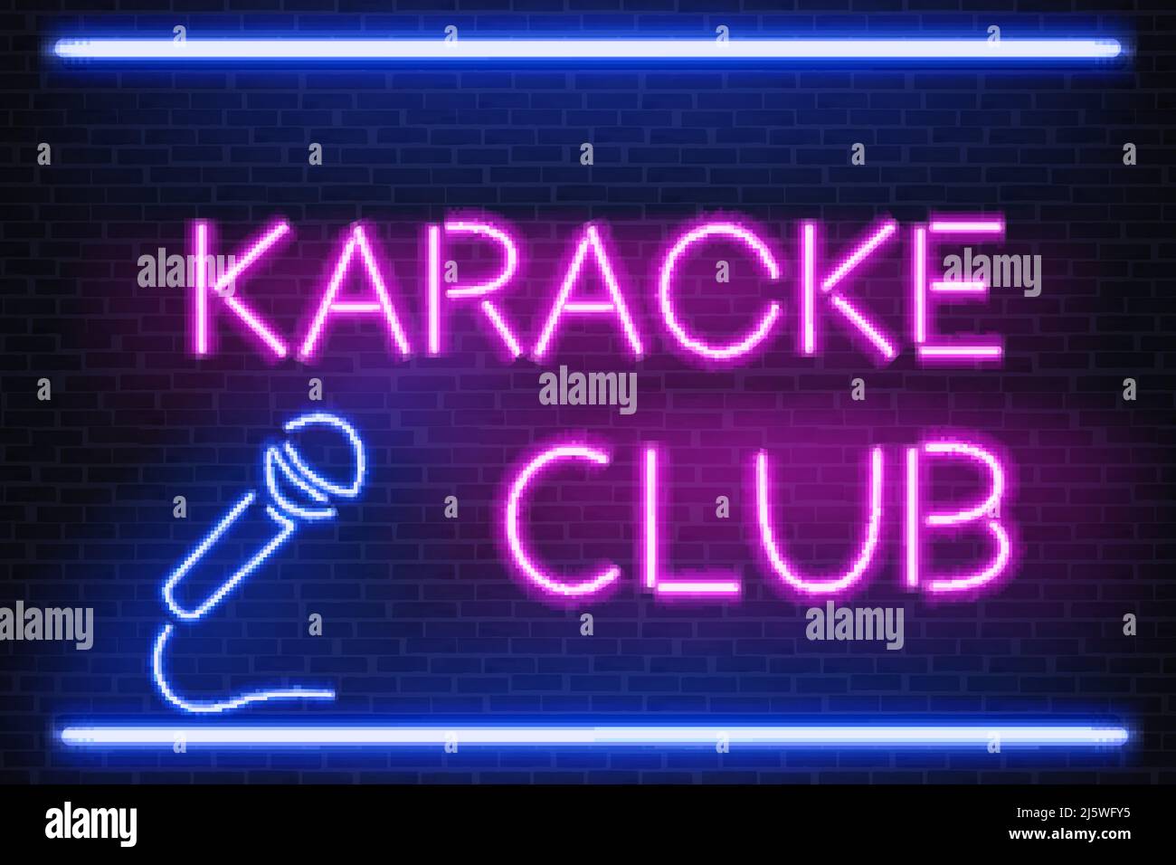 Karaoké club lumineux néon lumineux lumineux panneau 3D vecteur réaliste avec lettres roses et illustration bleue du microphone sur fond de brique. Illuminat Illustration de Vecteur