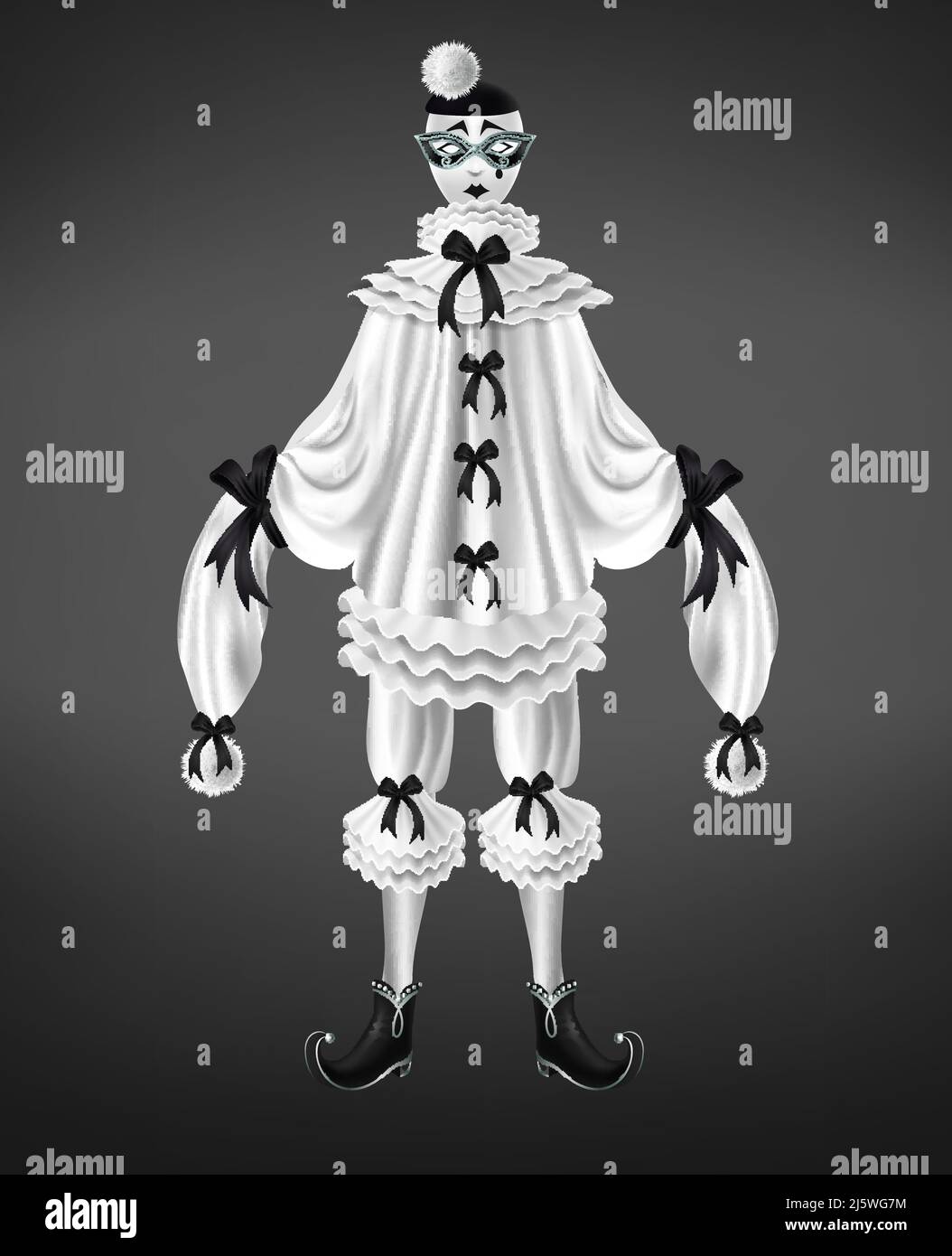 Costume blanc Pierrot avec noeuds noirs et pompons sur les manches longues, chaussures à bout torsadé, déchirure sur le triste masque de visage vecteur réaliste isolé sur le backgro noir Illustration de Vecteur