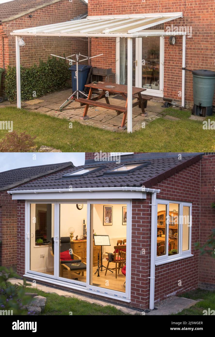 Une photo avant et après d'une extension de maison, Angleterre, Royaume-Uni Banque D'Images