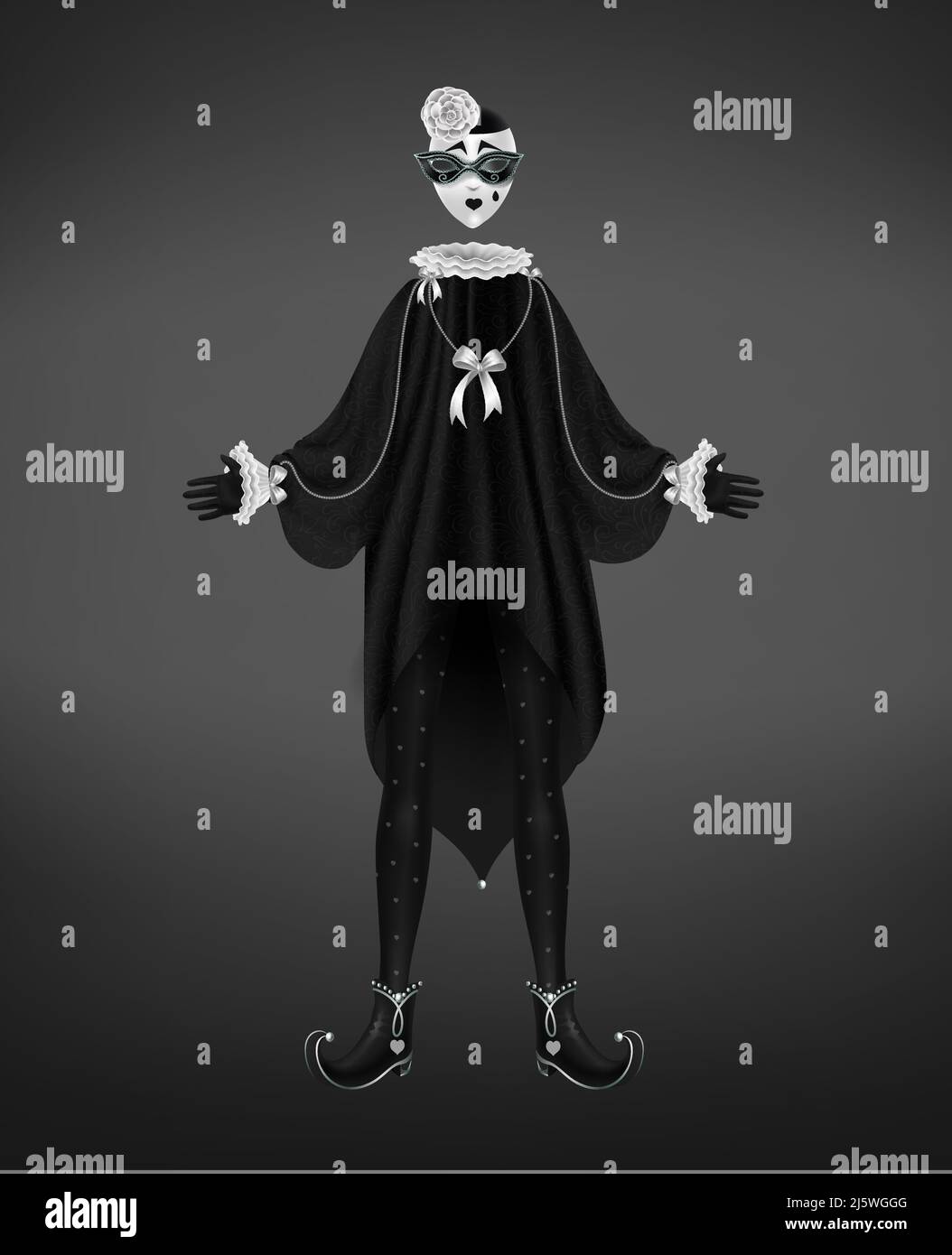 Costume de Pierrot, comédie italienne del arte caractère isolé sur fond noir. Robe féminine à manches longues, chaussures à bout torsadé, déchirure sur le visage triste m Illustration de Vecteur