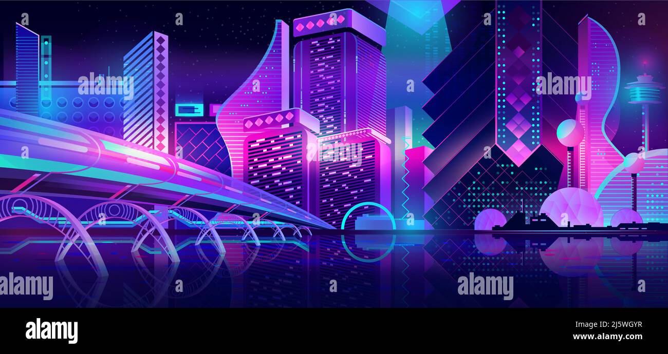 Future métropole rues horizon de nuit vecteur de dessin animé avec lumières néon bleu et violet lueurs futuristes gratte-ciel, pont, métro chemin de fer ov Illustration de Vecteur
