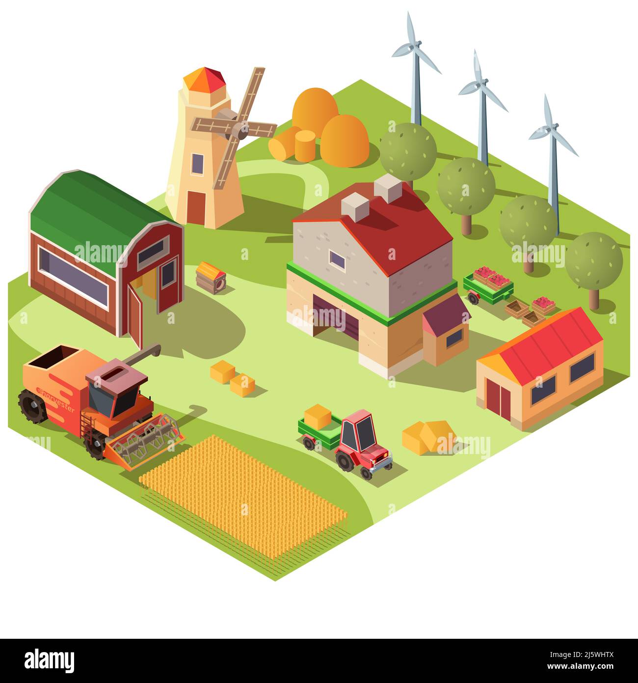 Ferme moderne ou cour de ranch avec dépendances, éoliennes, jardin fruitier et champ de corps de grain vecteur isométrique. Moissonneuse-batteuse battage du maïs o Illustration de Vecteur