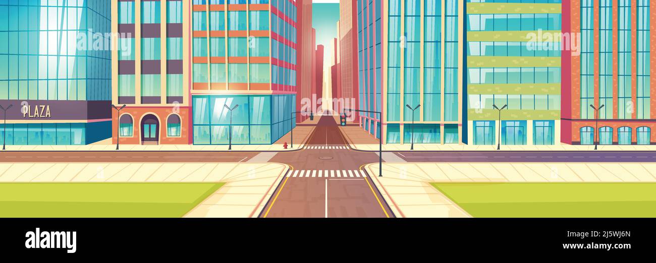 Carrefour urbain moderne, rues traversant un vecteur de dessins animés avec route à deux voies, feux de circulation, trottoirs, pelouses vertes près des gratte-ciels avec sto Illustration de Vecteur Carrefour urbain moderne, rues traversant un vecteur de dessins animés avec route à deux voies, feux de circulation, trottoirs, pelouses vertes près des gratte-ciels avec sto Illustration de Vecteur