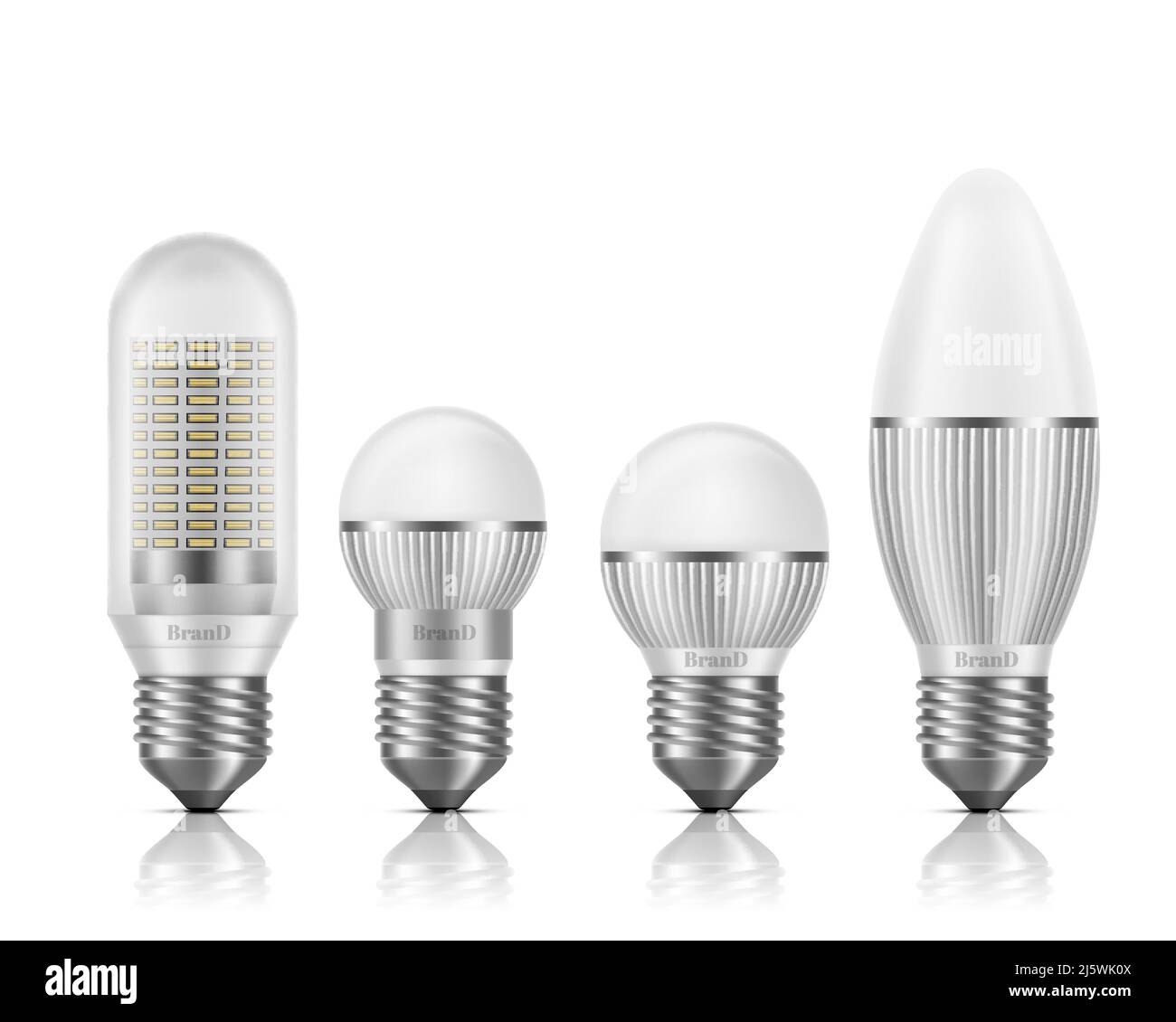 Différentes formes et tailles d'ampoules LED avec dissipateurs thermiques ou ailettes, base E27, prise femelle à vis 3D vecteur réaliste isolé sur fond blanc. Moderne Illustration de Vecteur