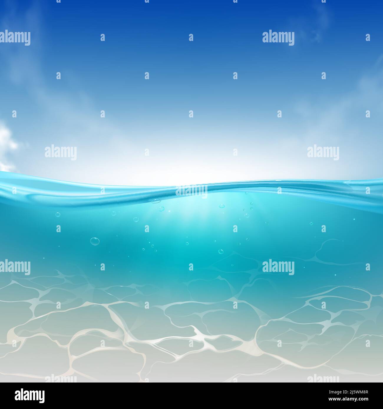 Onde océanique, colonne d'eau de mer fond vectoriel réaliste. Ciel lumineux, rayons du soleil se propageant dans de l'eau claire et bleue avec des bulles et chatoyant sur propre, Illustration de Vecteur