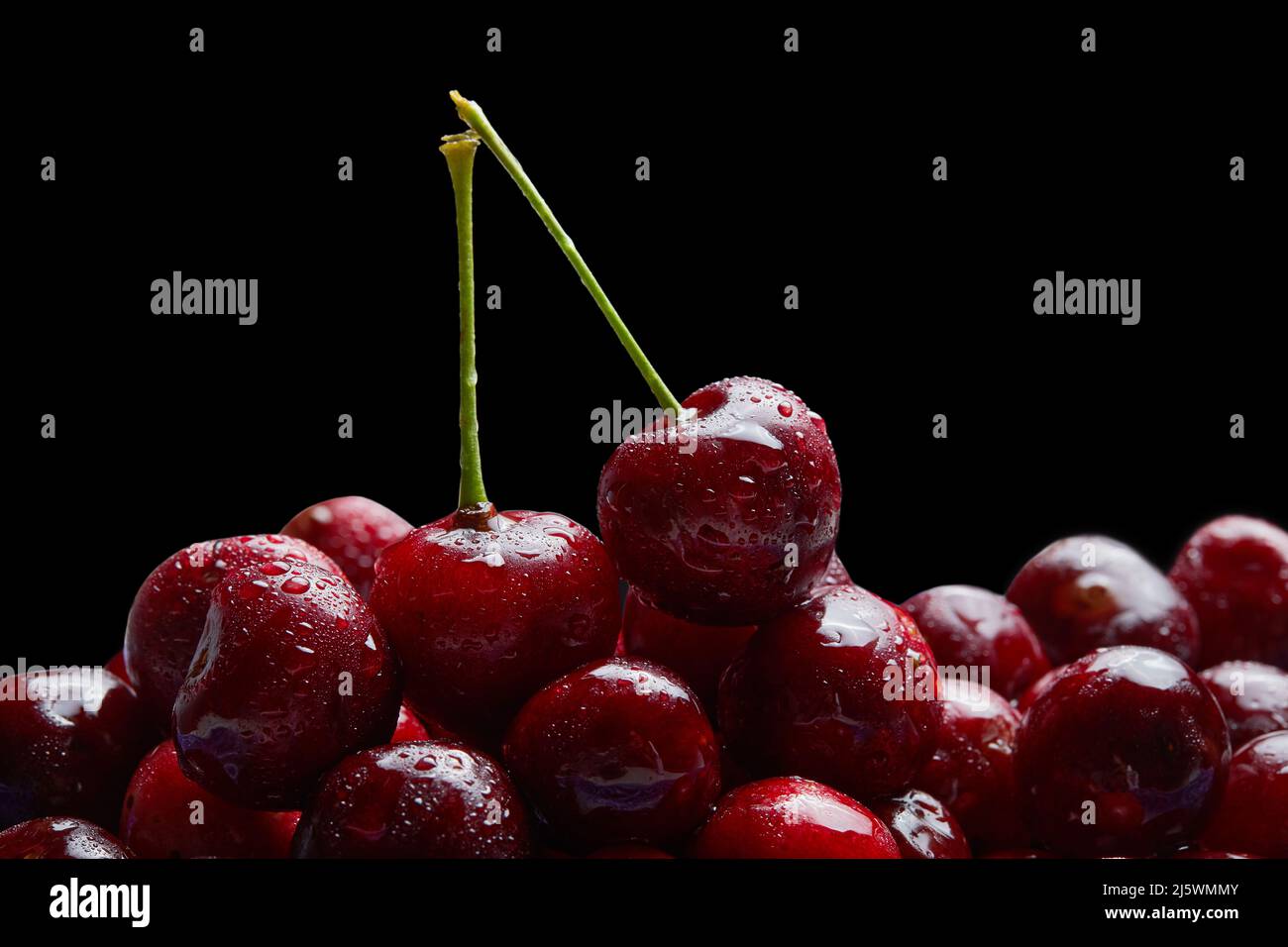 Cerises dans le bol sur fond noir recouvert de fines éclaboussures d'eau.cerise fraîche. Banque D'Images