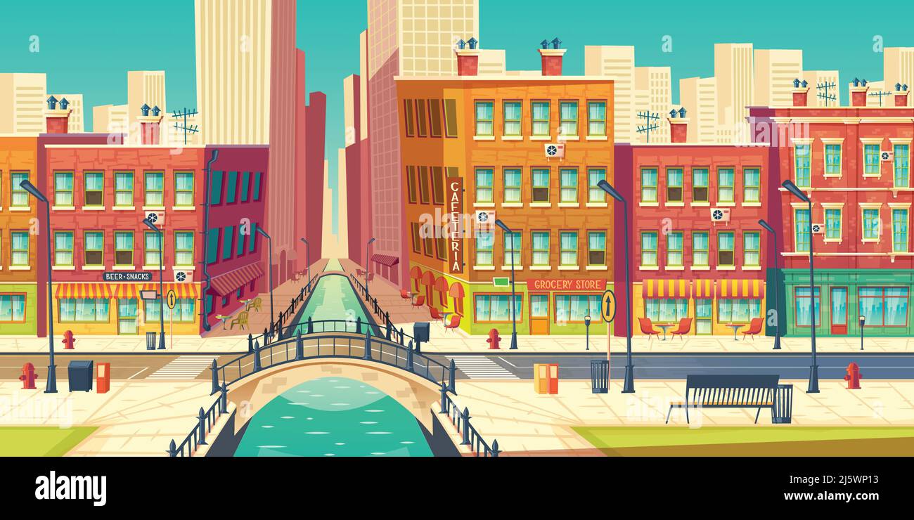 Quartier de la vieille ville dans la métropole moderne vecteur de dessin animé. Cafétéria extérieure sur une bankment, une épicerie, des panneaux de bar sur des bâtiments d'architecture rétro Illustration de Vecteur