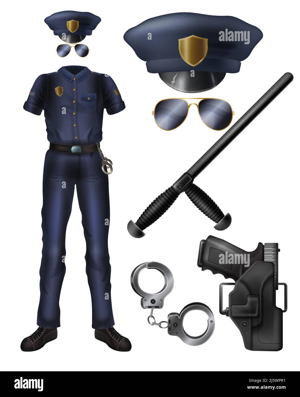 Ensemble de vecteur de dessin animé d'agent de police ou de garde de sécurité, arme, accessoires. Costume de policier, casquette à visière, lunettes de soleil, arme de poing à holste Illustration de Vecteur