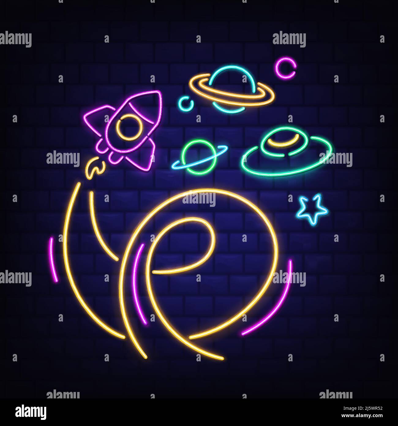 Ensemble d'icônes d'espace au néon, fusée, ovni, Saturne planète et étoiles, rocketship avec flamme, lumière fluorescente brillante sur mur de brique sombre. Bar, discothèque r Illustration de Vecteur