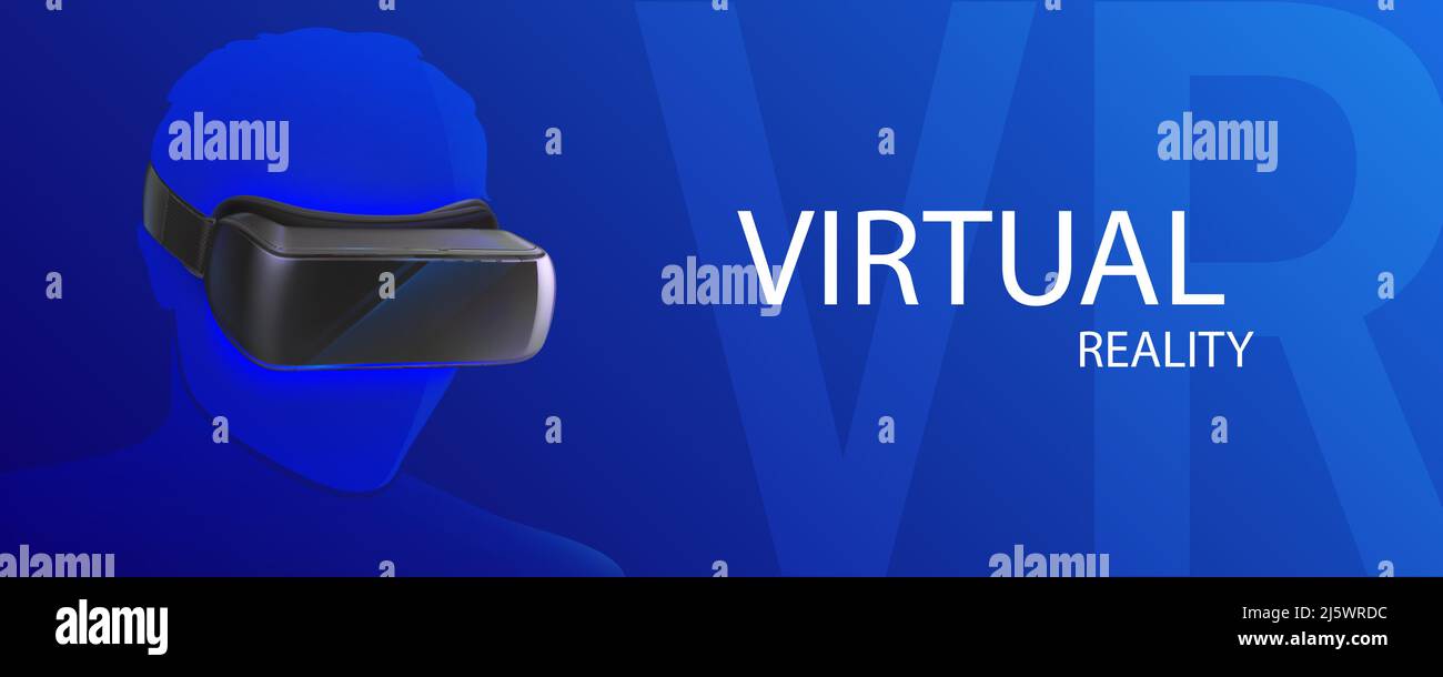 VR Virtual Reality lunettes bannière, lunettes sur la tête humaine, masque gadget pour jouer à des jeux de smartphone dans l'espace numérique cyber, électronique novateur devic Illustration de Vecteur