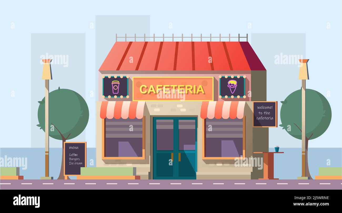Cafétéria ou bâtiment de café routier avec bannière de menu, panneaux lumineux au néon et table extérieure en bordure de route en journée. Café pour voiture Illustration de Vecteur