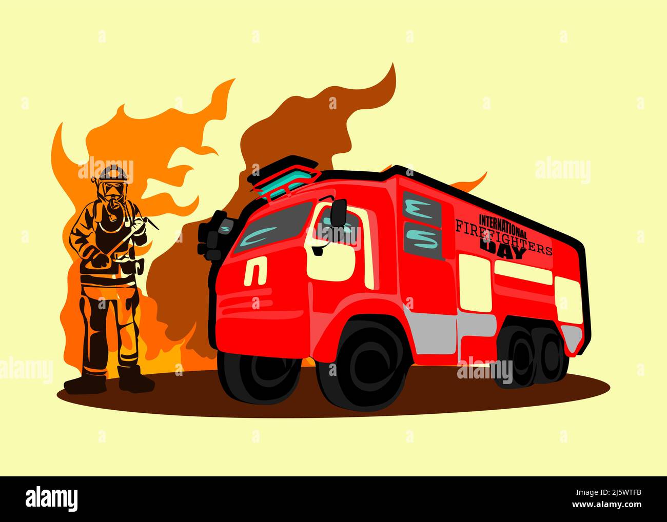 Concept de la journée internationale des pompiers. Pompier et pompier moteur sur le fond du feu et des flammes illustration du vecteur de silhouette, comme une bannière, Illustration de Vecteur